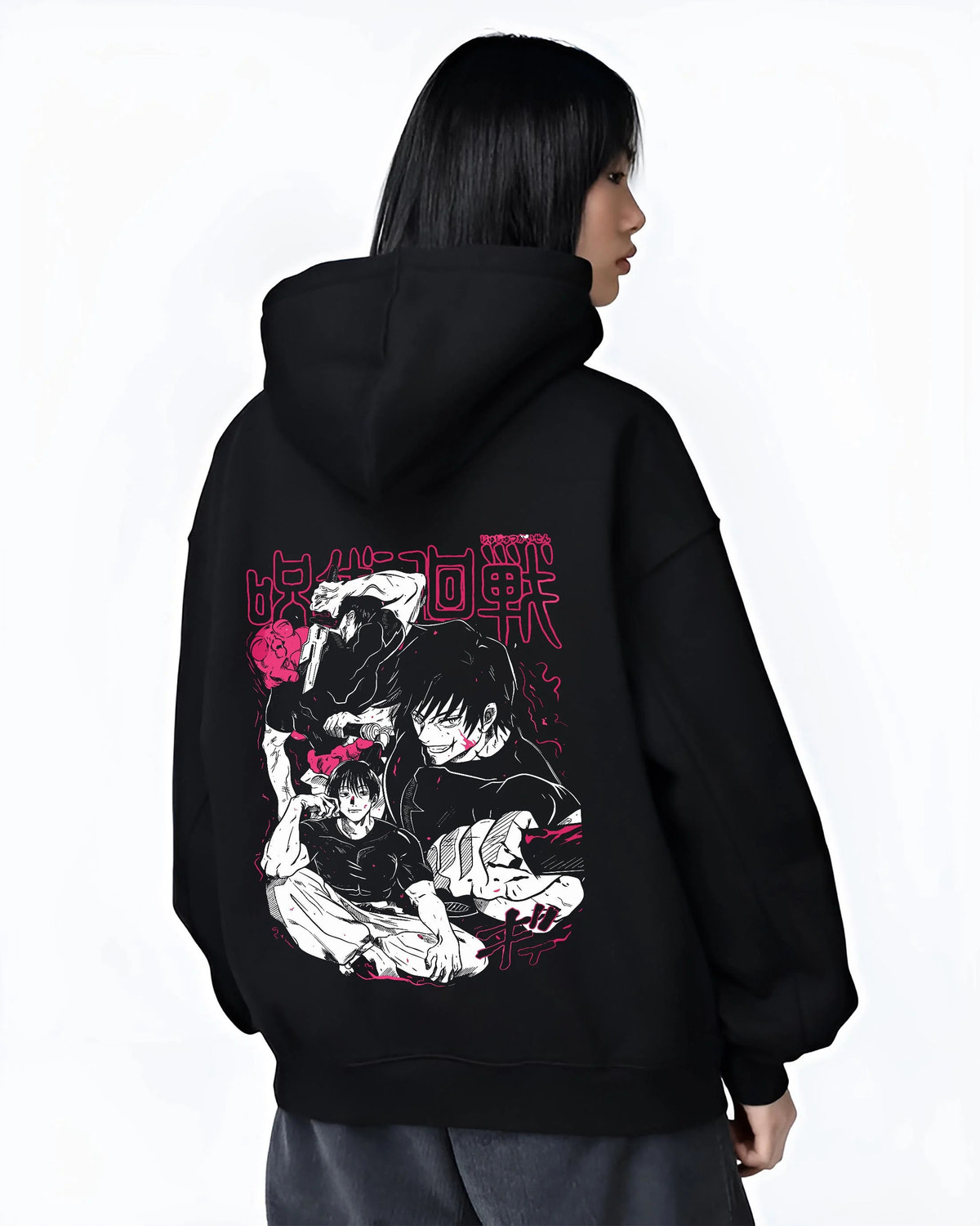 Black hoodie worn by female model from the back featuring Toji Fushiguro white outfit battle Jujutsu Kaisen artwork.