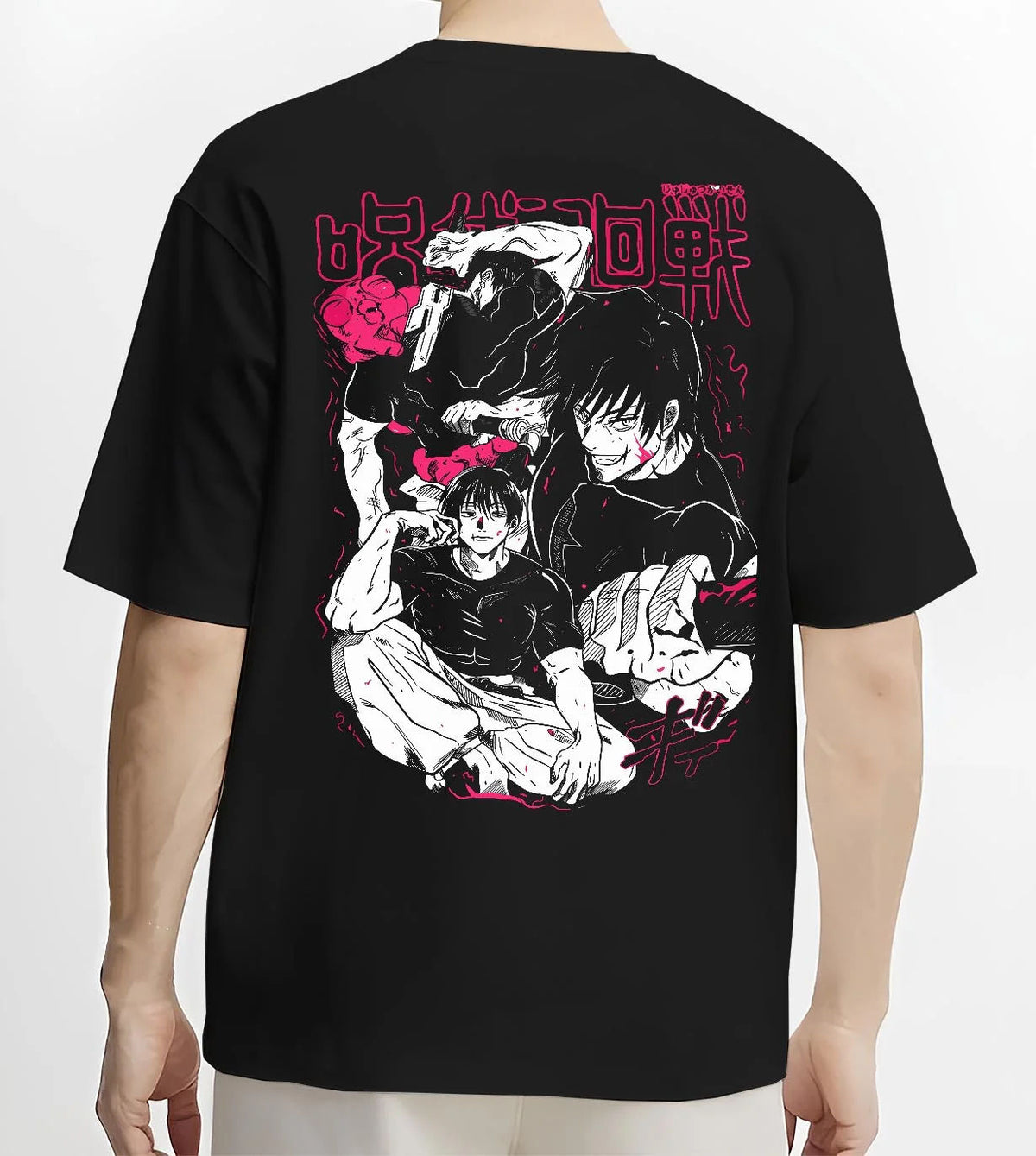 Black T-shirt worn by male model from the back featuring Toji Fushiguro white outfit battle Jujutsu Kaisen artwork.