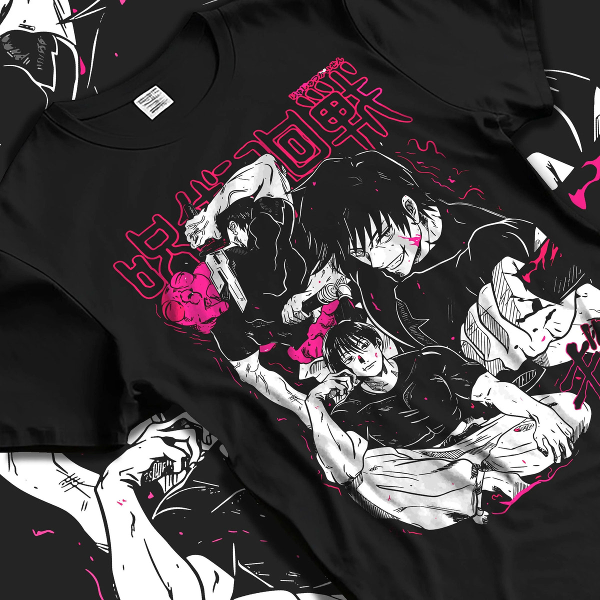 Black T-shirt laid flat with natural folds featuring Toji Fushiguro white outfit battle Jujutsu Kaisen artwork.