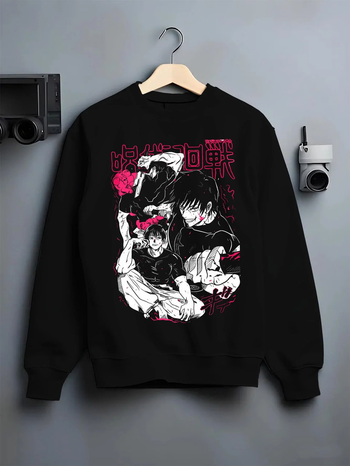 Black crewneck sweatshirt on hanger featuring Toji Fushiguro white outfit battle Jujutsu Kaisen artwork.