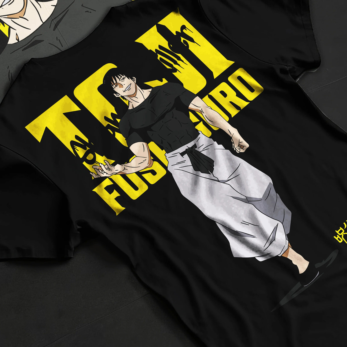 Black T-shirt flat back view showing Toji Fushiguro from Jujutsu Kaisen: yellow title poster