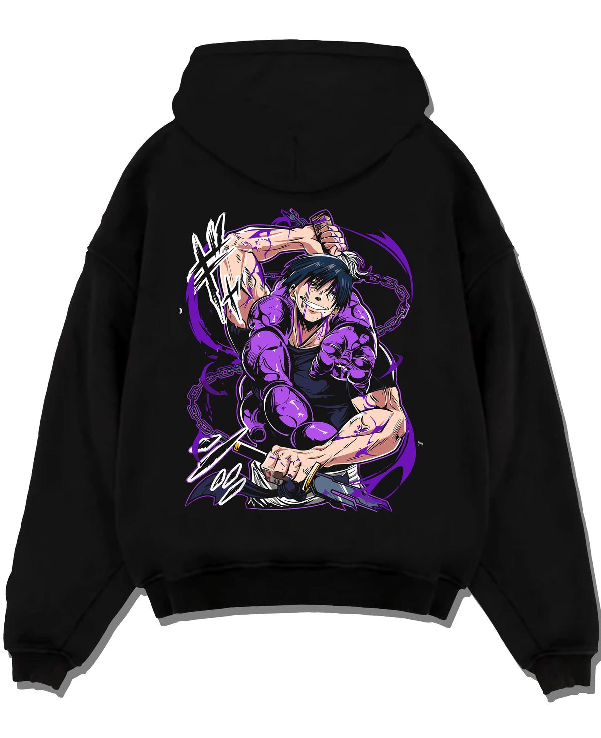 Black hoodie laid flat featuring Toji Fushiguro purple aura battle Jujutsu Kaisen artwork.