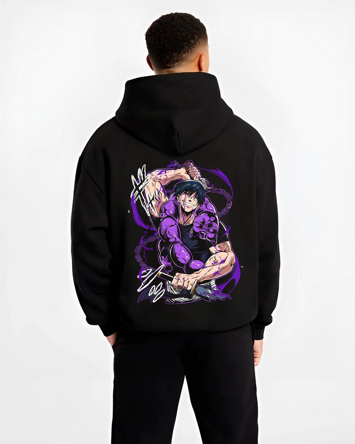 Black hoodie worn by male model from the back featuring Toji Fushiguro purple aura battle Jujutsu Kaisen artwork.