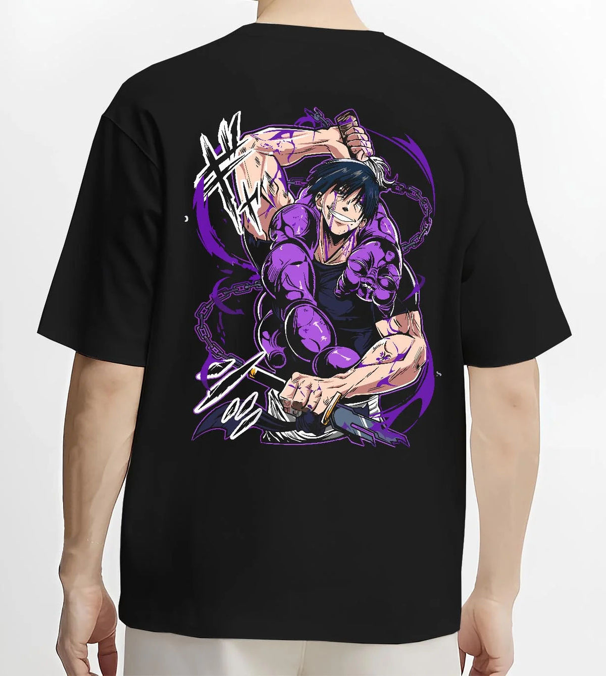 Black T-shirt worn by male model from the back featuring Toji Fushiguro purple aura battle Jujutsu Kaisen artwork.