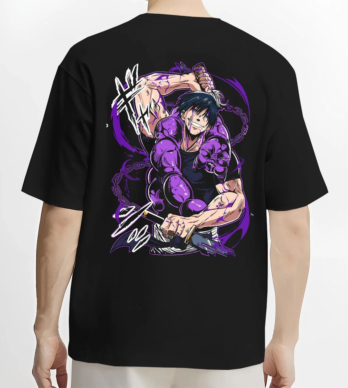 Black T-shirt worn by male model from the back featuring Toji Fushiguro purple aura battle Jujutsu Kaisen artwork.