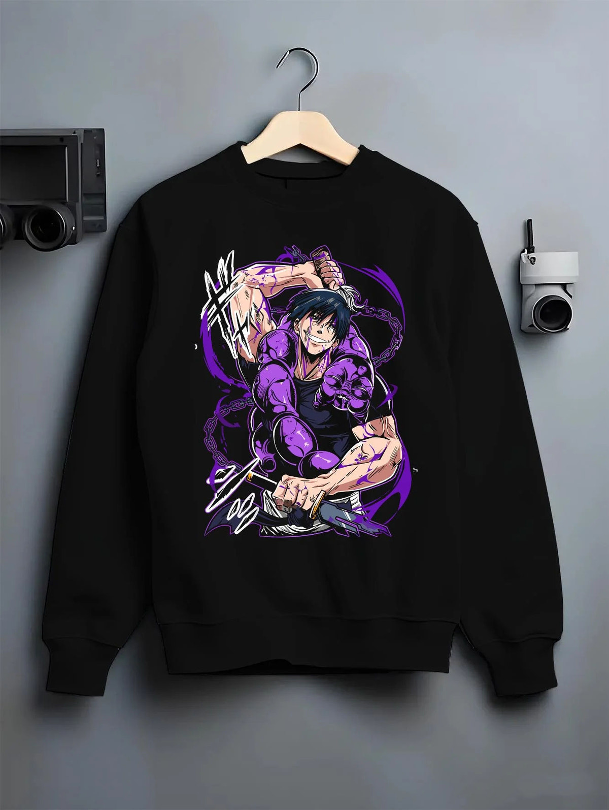 Black crewneck sweatshirt on hanger featuring Toji Fushiguro purple aura battle Jujutsu Kaisen artwork.