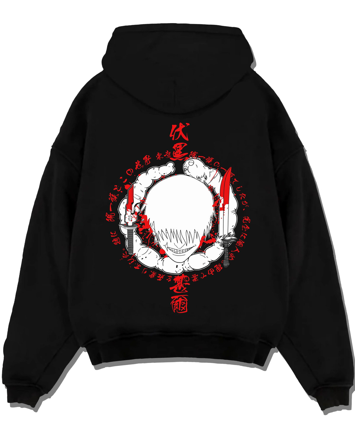 Black hoodie laid flat featuring Toji Fushiguro red Sorcerer Killer portrait Jujutsu Kaisen artwork.