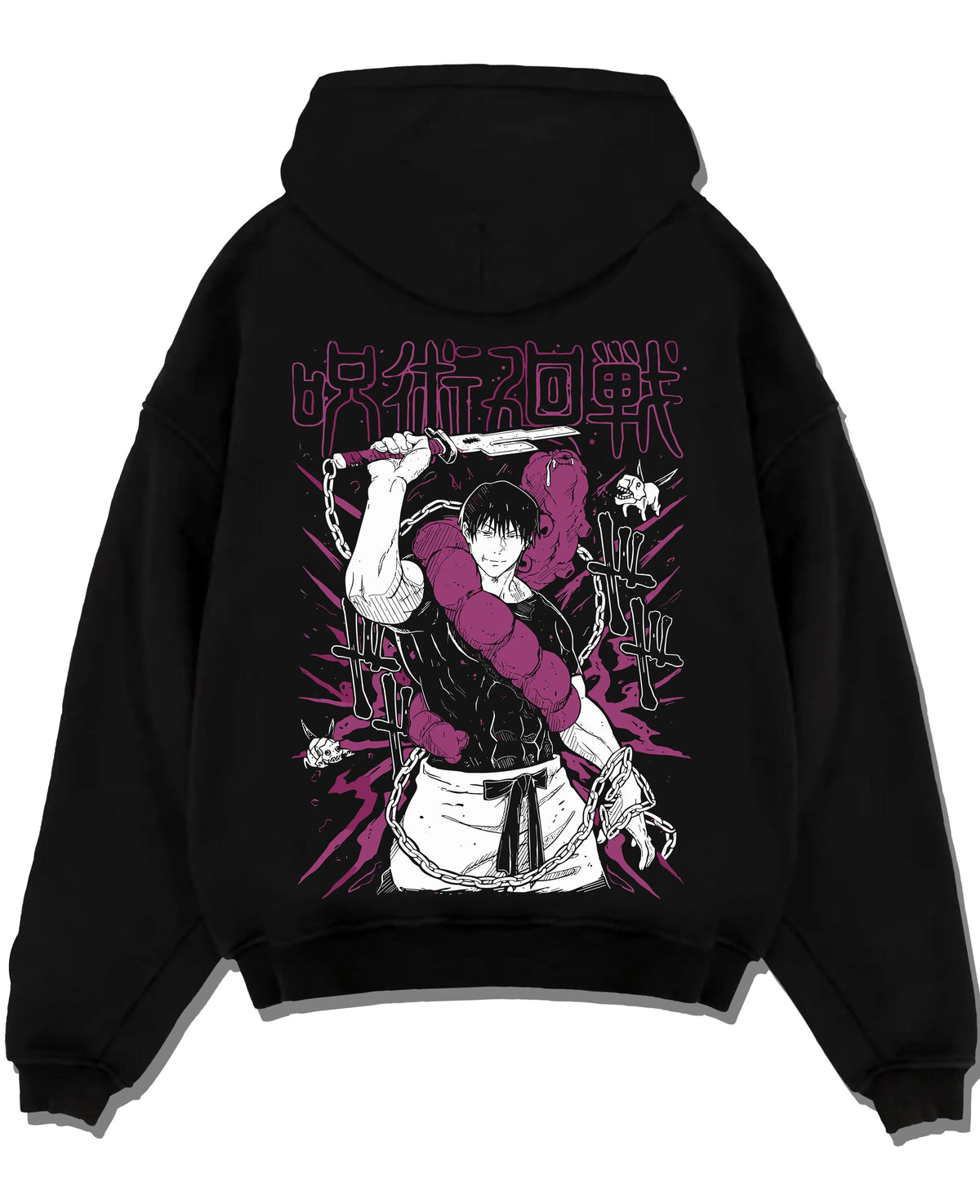 Black hoodie laid flat featuring Toji Fushiguro white shirt battle Jujutsu Kaisen artwork.