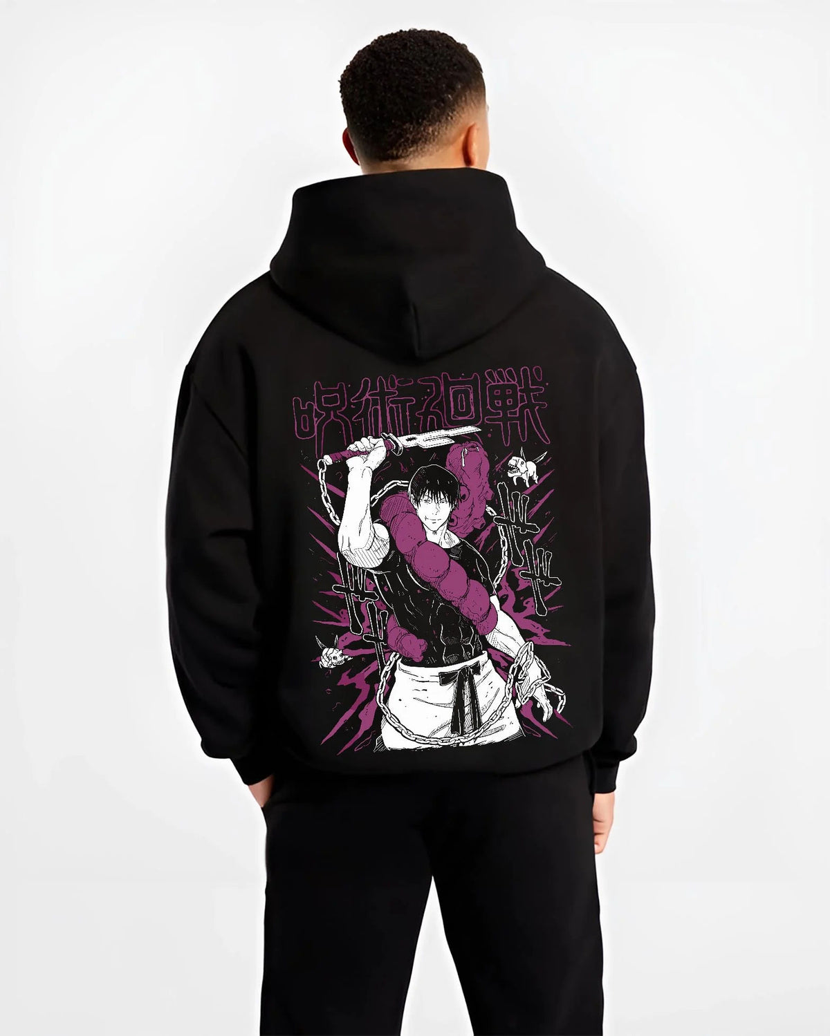 Black hoodie worn by male model from the back featuring Toji Fushiguro white shirt battle Jujutsu Kaisen artwork.