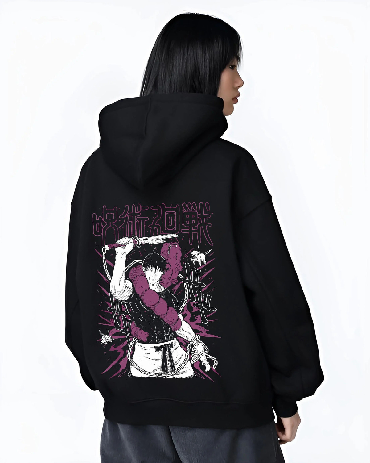 Black hoodie worn by female model from the back featuring Toji Fushiguro white shirt battle Jujutsu Kaisen artwork.