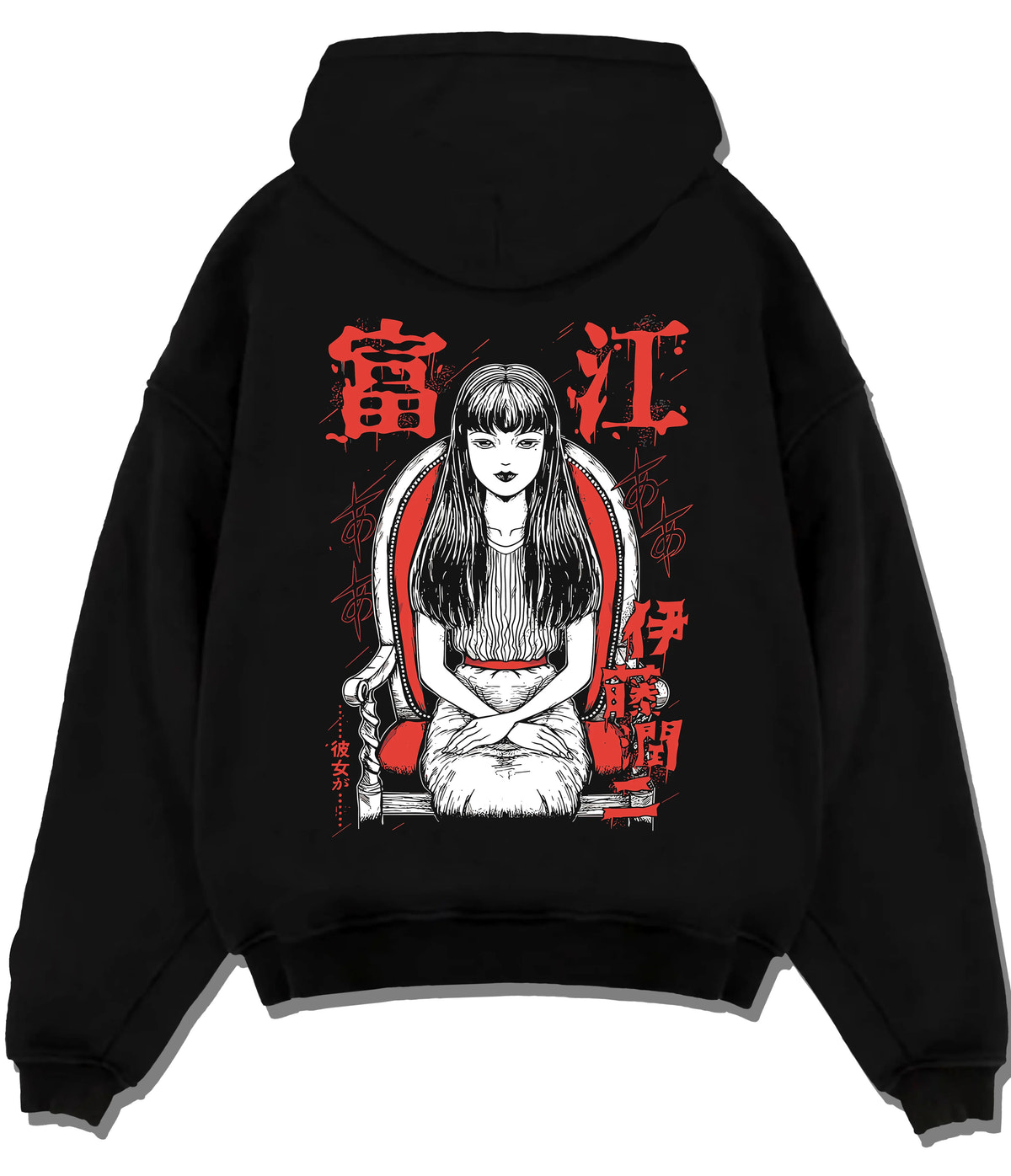 Black hoodie flat back view showing Tomie Kawakami from Junji Ito: horror manga long-haired girl