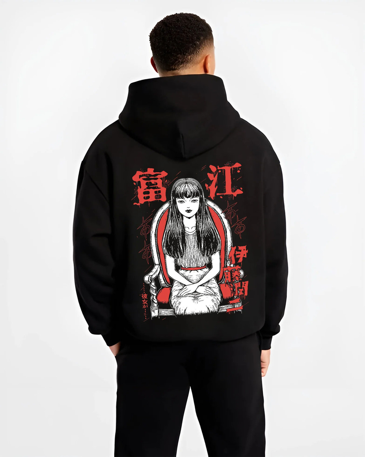Black hoodie model back view showing Tomie Kawakami from Junji Ito: horror manga long-haired girl