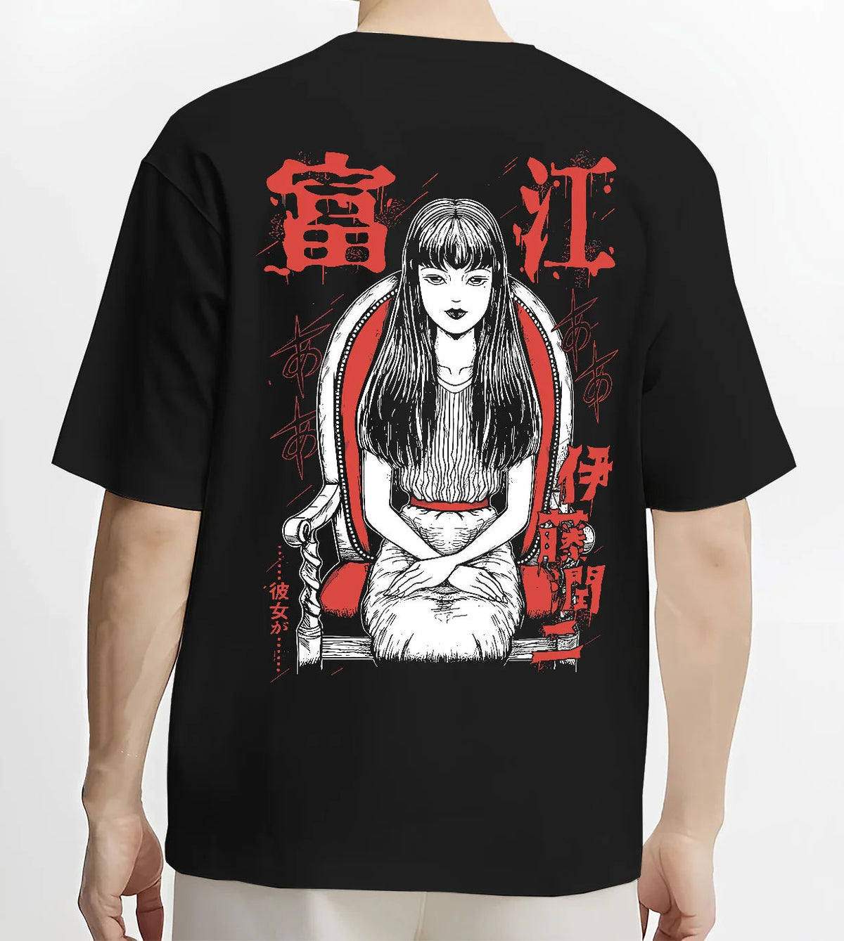 Black T-shirt model back view showing Tomie Kawakami from Junji Ito: horror manga long-haired girl