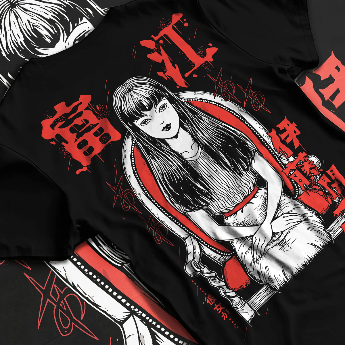 Black T-shirt flat back view showing Tomie Kawakami from Junji Ito: horror manga long-haired girl