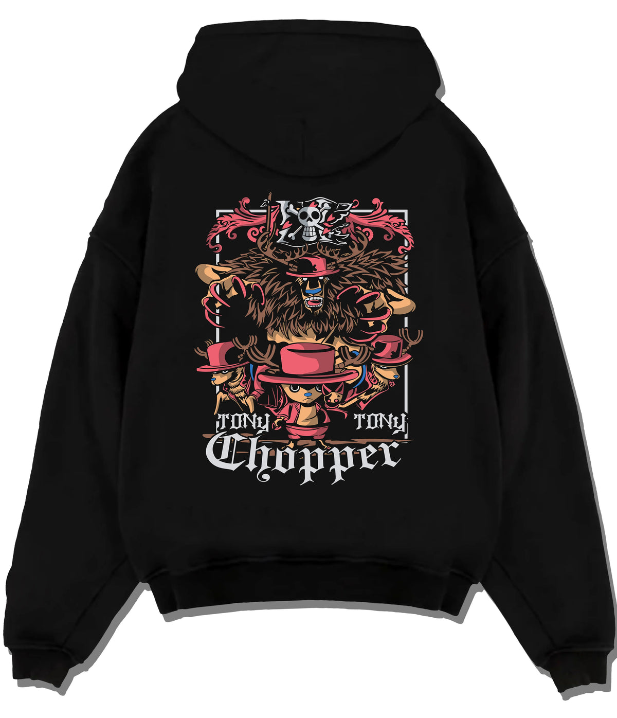 Black hoodie flat back view showing Tony Tony Chopper from One Piece: One Piece motif