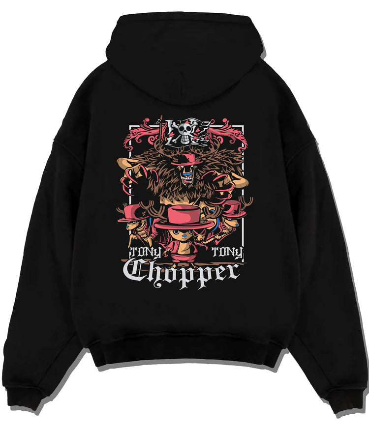 Black hoodie flat back view showing Tony Tony Chopper from One Piece: One Piece motif