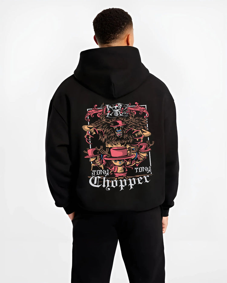 Black hoodie model back view showing Tony Tony Chopper from One Piece: One Piece motif