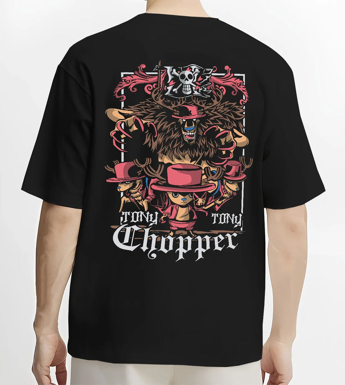 Black T-shirt model back view showing Tony Tony Chopper from One Piece: One Piece motif