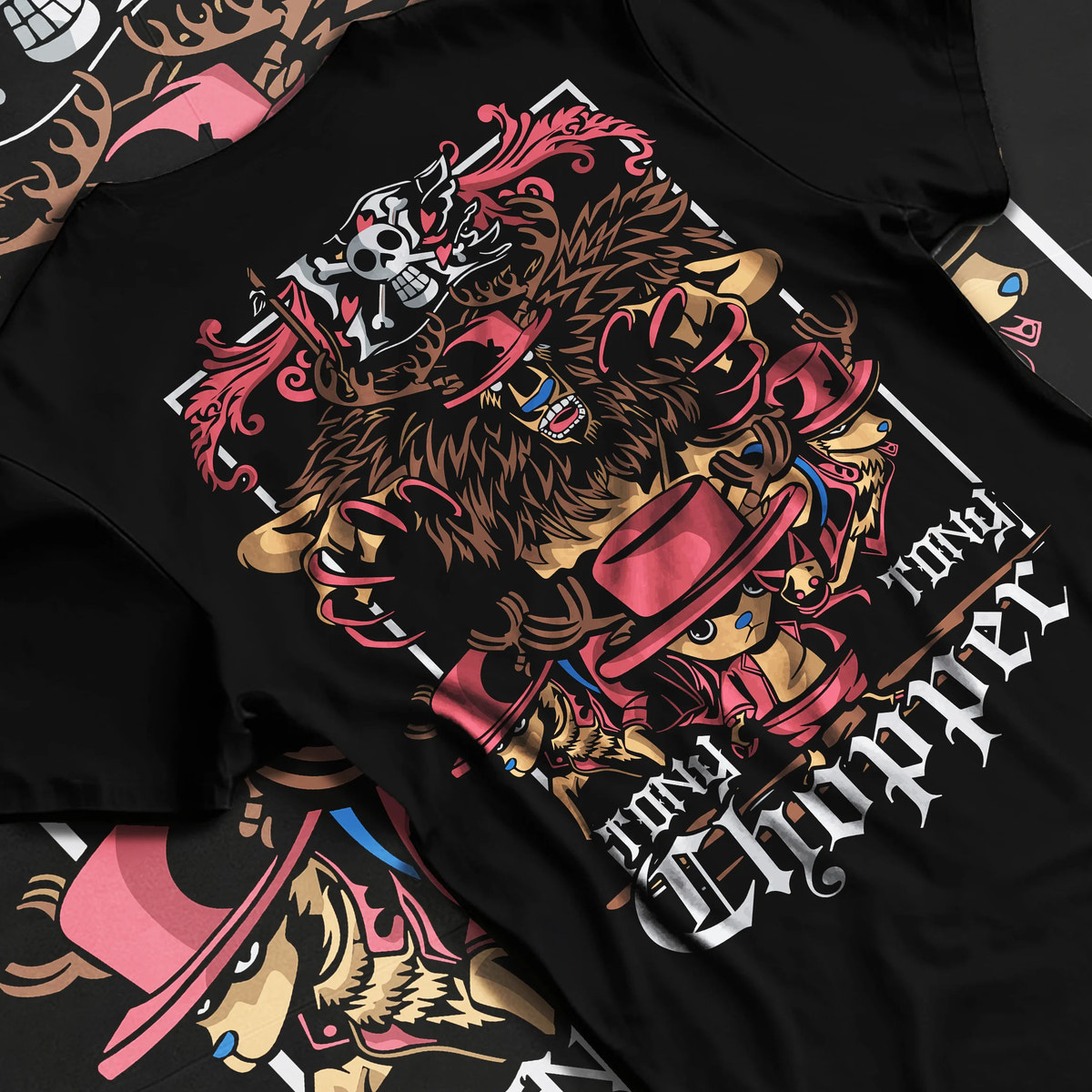 Black T-shirt flat back view showing Tony Tony Chopper from One Piece: One Piece motif