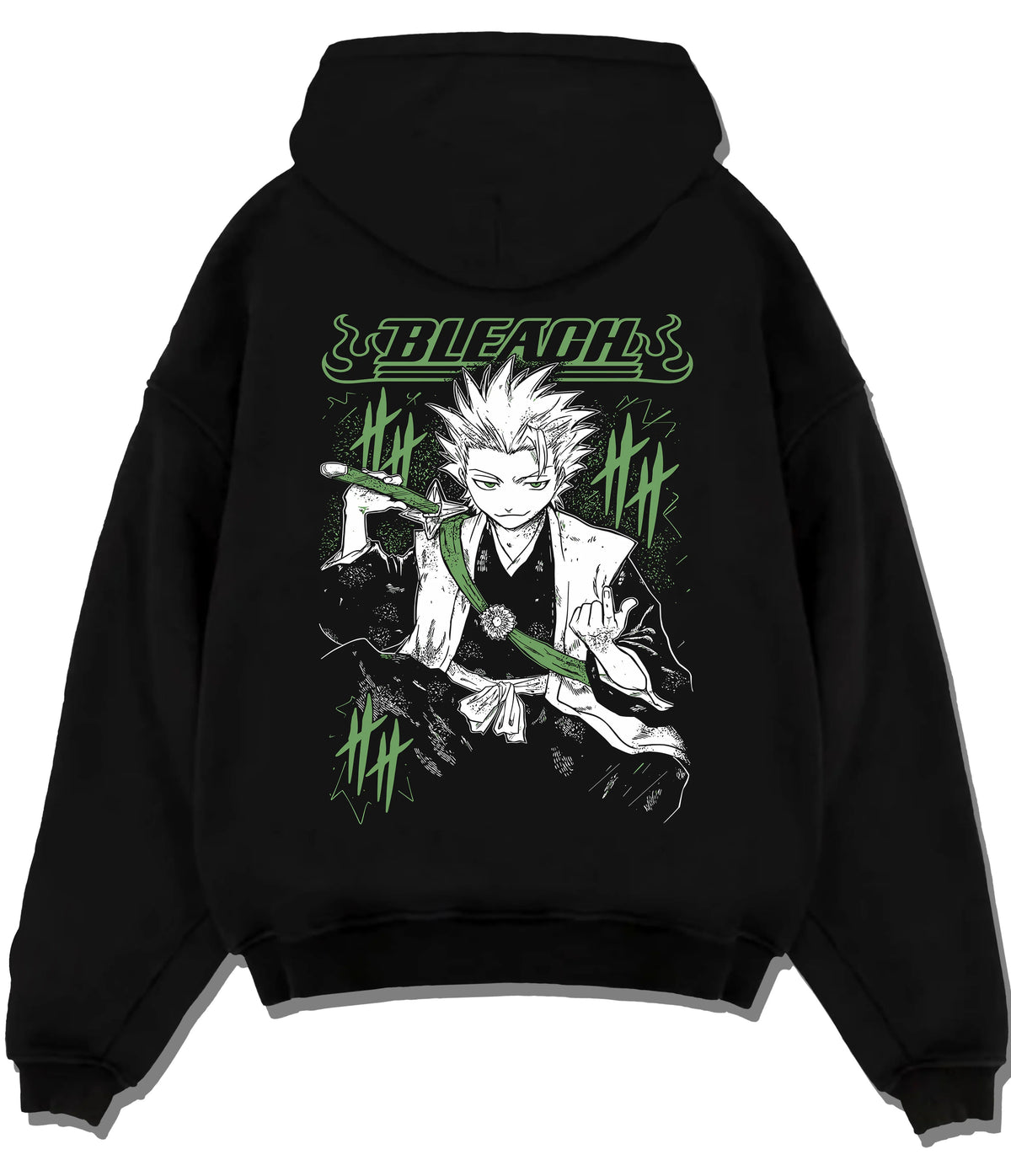 Black hoodie flat back view with Toshiro Hitsugaya from Bleach illustrated back graphic