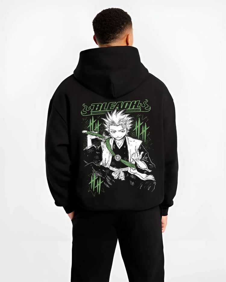 Black hoodie model back view with Toshiro Hitsugaya from Bleach illustrated back graphic