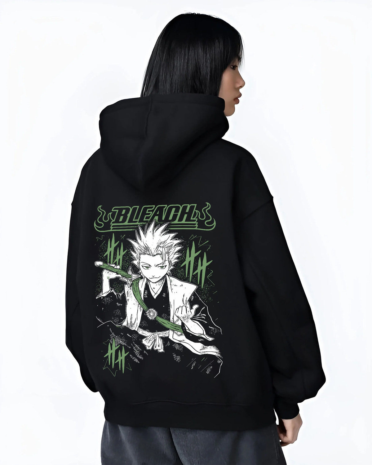 Black hoodie female model back view with Toshiro Hitsugaya from Bleach illustrated back graphic