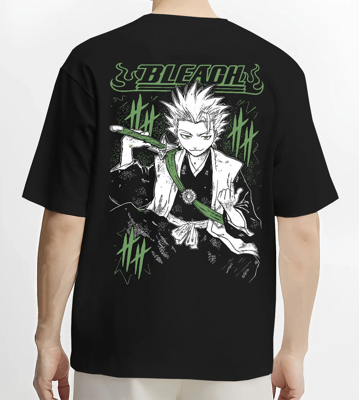 Black T-shirt model back view with Toshiro Hitsugaya from Bleach illustrated back graphic