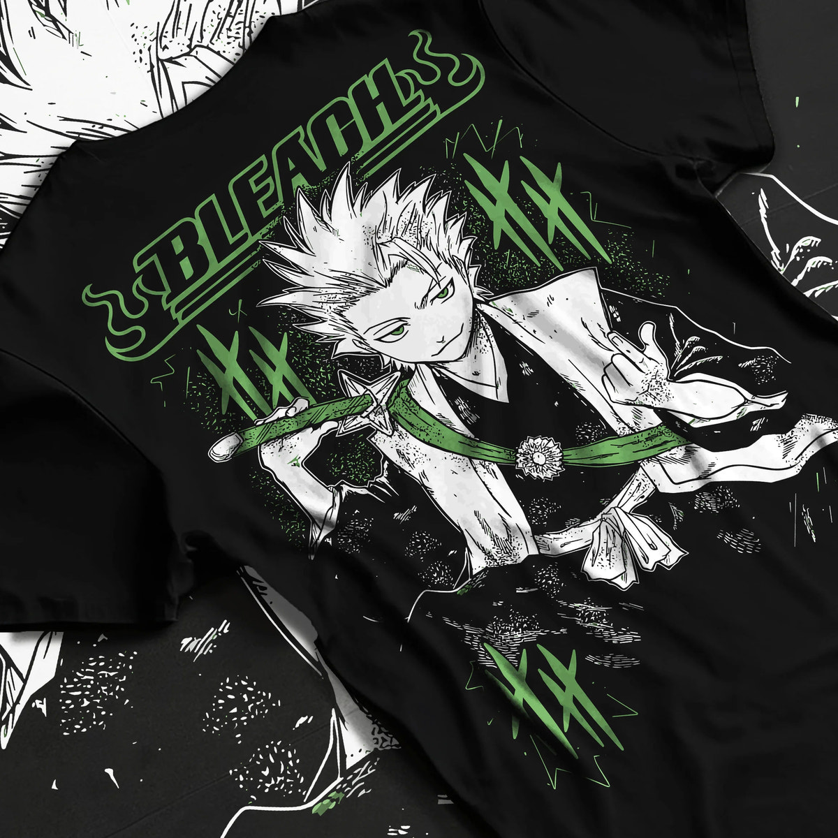 Black T-shirt flat back view with Toshiro Hitsugaya from Bleach illustrated back graphic