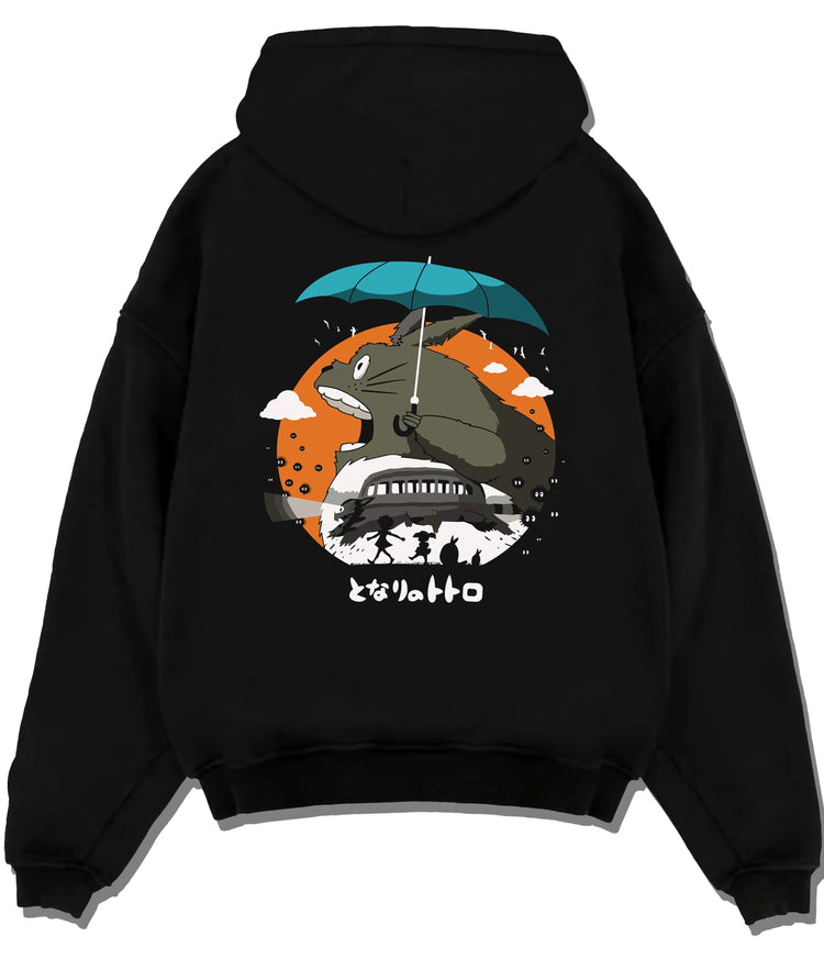 Black hoodie flat back view with Totoro with umbrella and woodland house from My Neighbor Totoro / Studio Ghibli