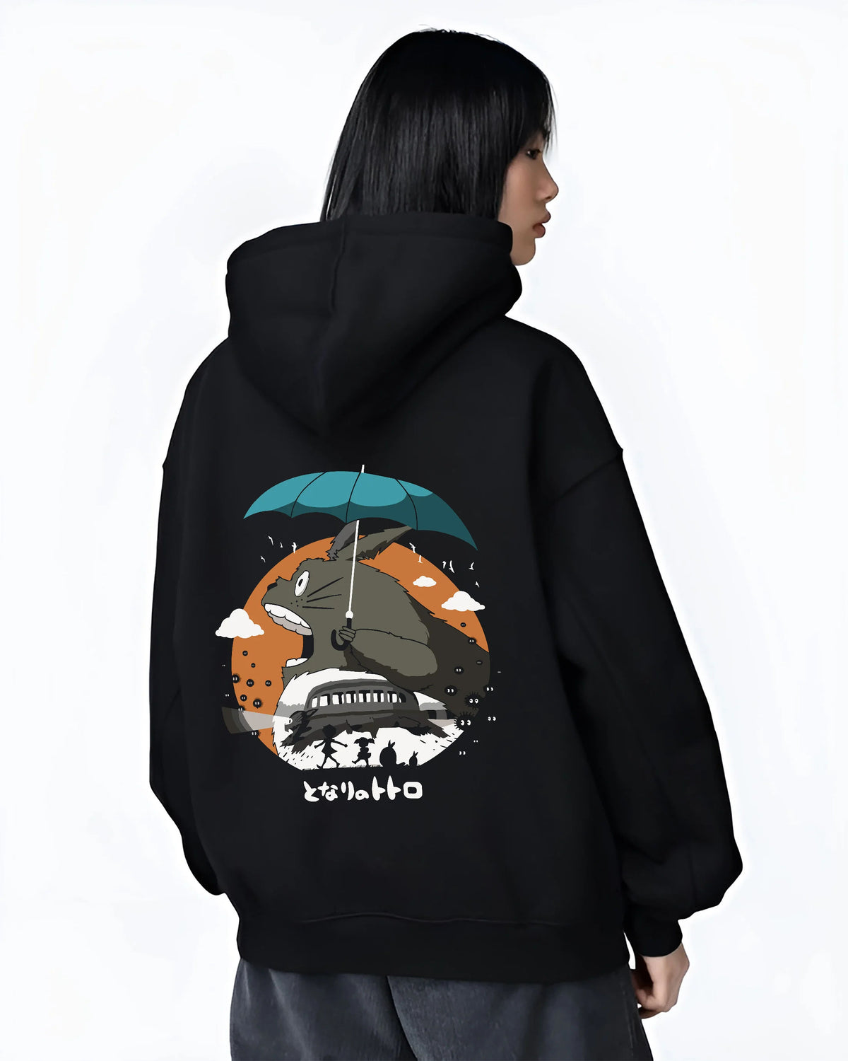 Black hoodie female model back view with Totoro with umbrella and woodland house from My Neighbor Totoro / Studio Ghibli