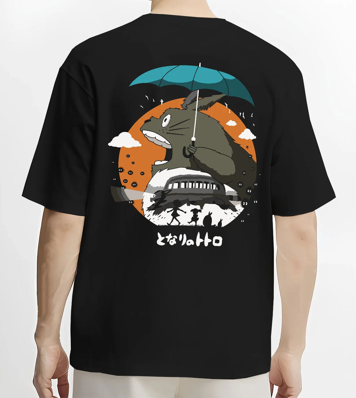 Black T-shirt model back view with Totoro with umbrella and woodland house from My Neighbor Totoro / Studio Ghibli