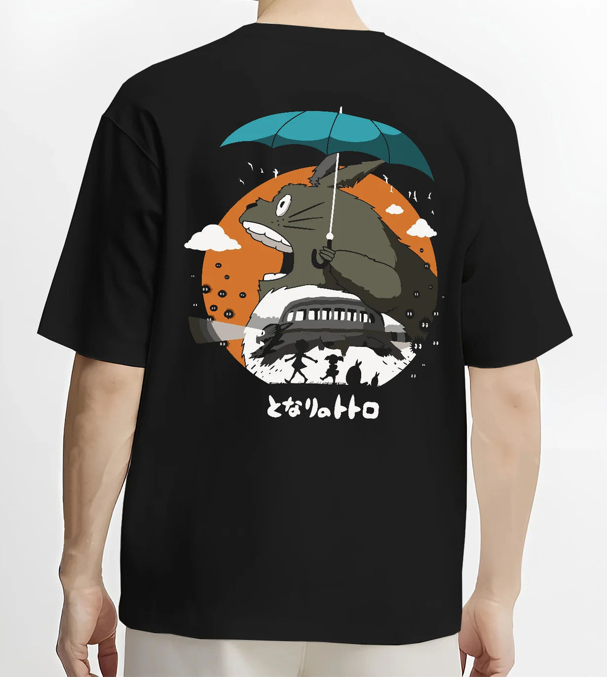 Black T-shirt model back view with Totoro with umbrella and woodland house from My Neighbor Totoro / Studio Ghibli