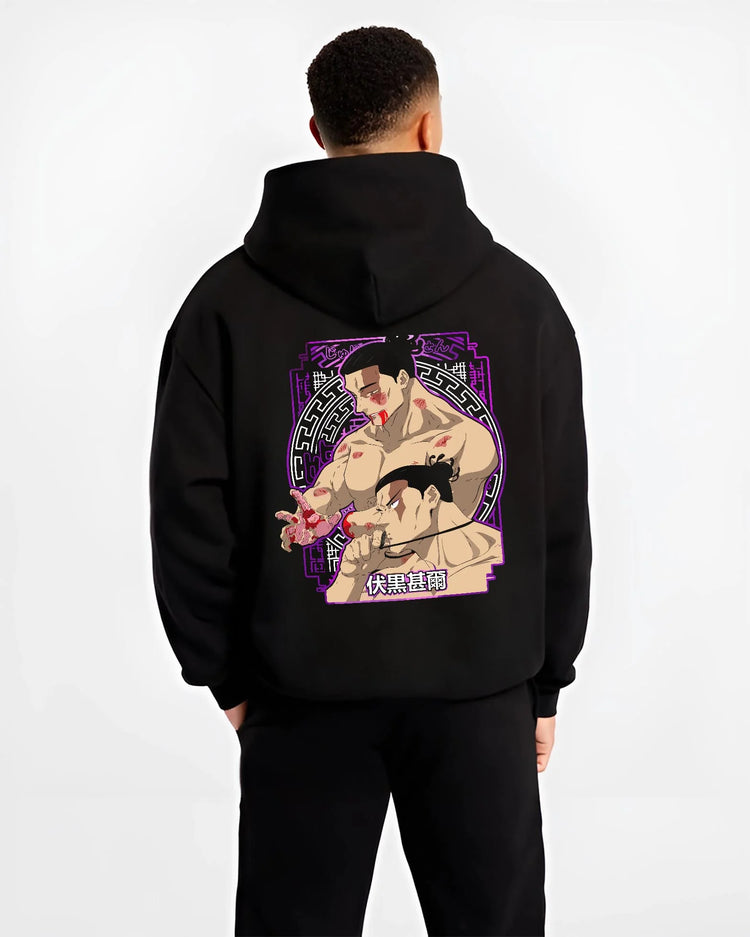 Black hoodie worn by male model, back view with Toudou Hoodie Jujutsu Kaisen Aoi Toudou Divergent graphic streetwear graphic.