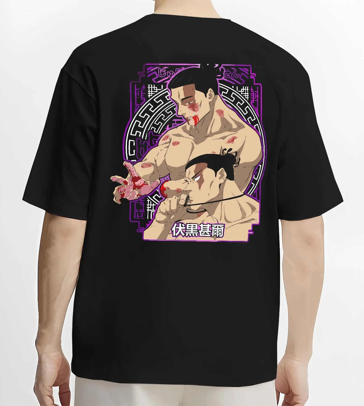 Black T-shirt worn by male model, back view with Toudou Hoodie Jujutsu Kaisen Aoi Toudou Divergent graphic premium wear.
