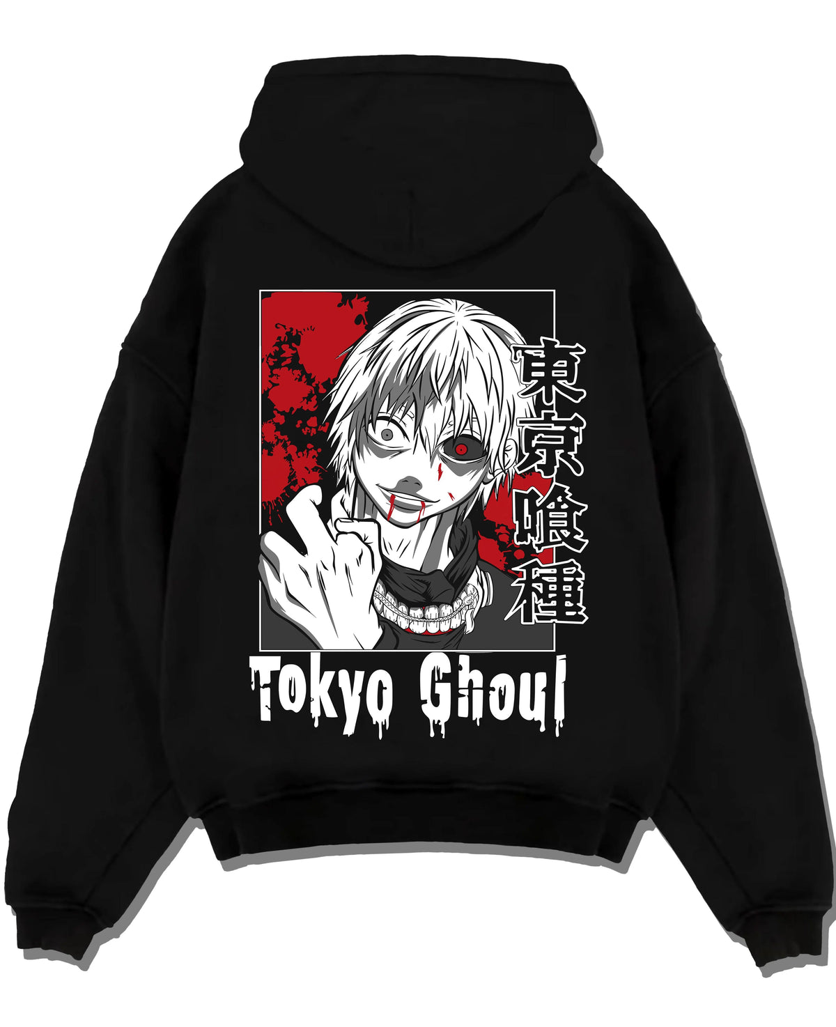 Black hoodie laid flat featuring Ken Kaneki One-Eyed Ghoul mask portrait Tokyo Ghoul artwork.