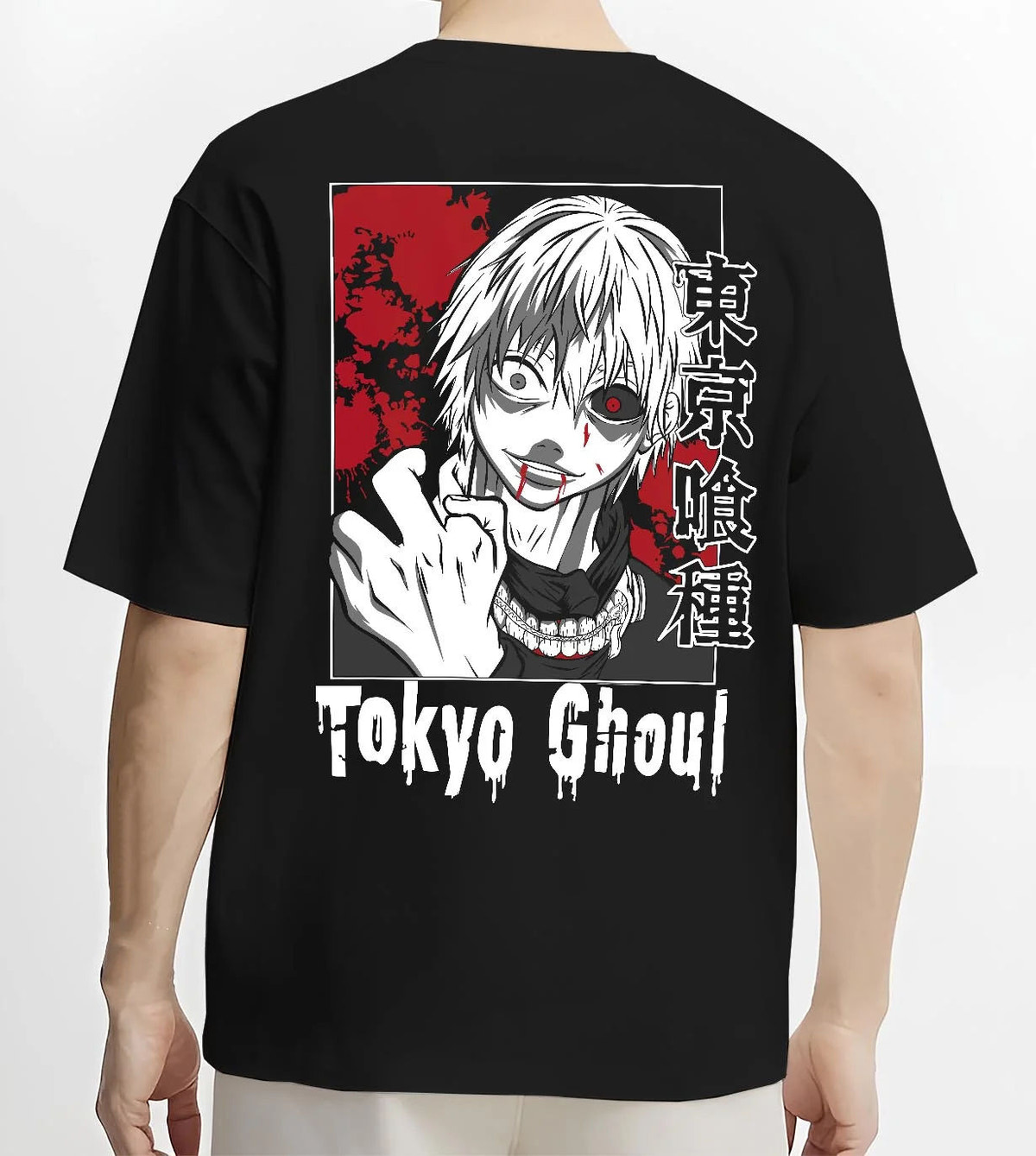 Black T-shirt worn by male model from the back featuring Ken Kaneki One-Eyed Ghoul mask portrait Tokyo Ghoul artwork.