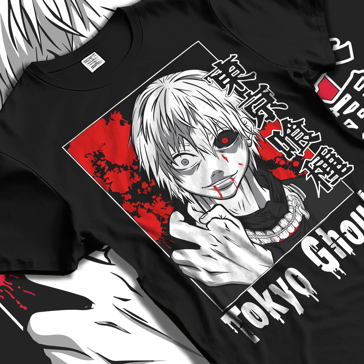 Black T-shirt laid flat with natural folds featuring Ken Kaneki One-Eyed Ghoul mask portrait Tokyo Ghoul artwork.