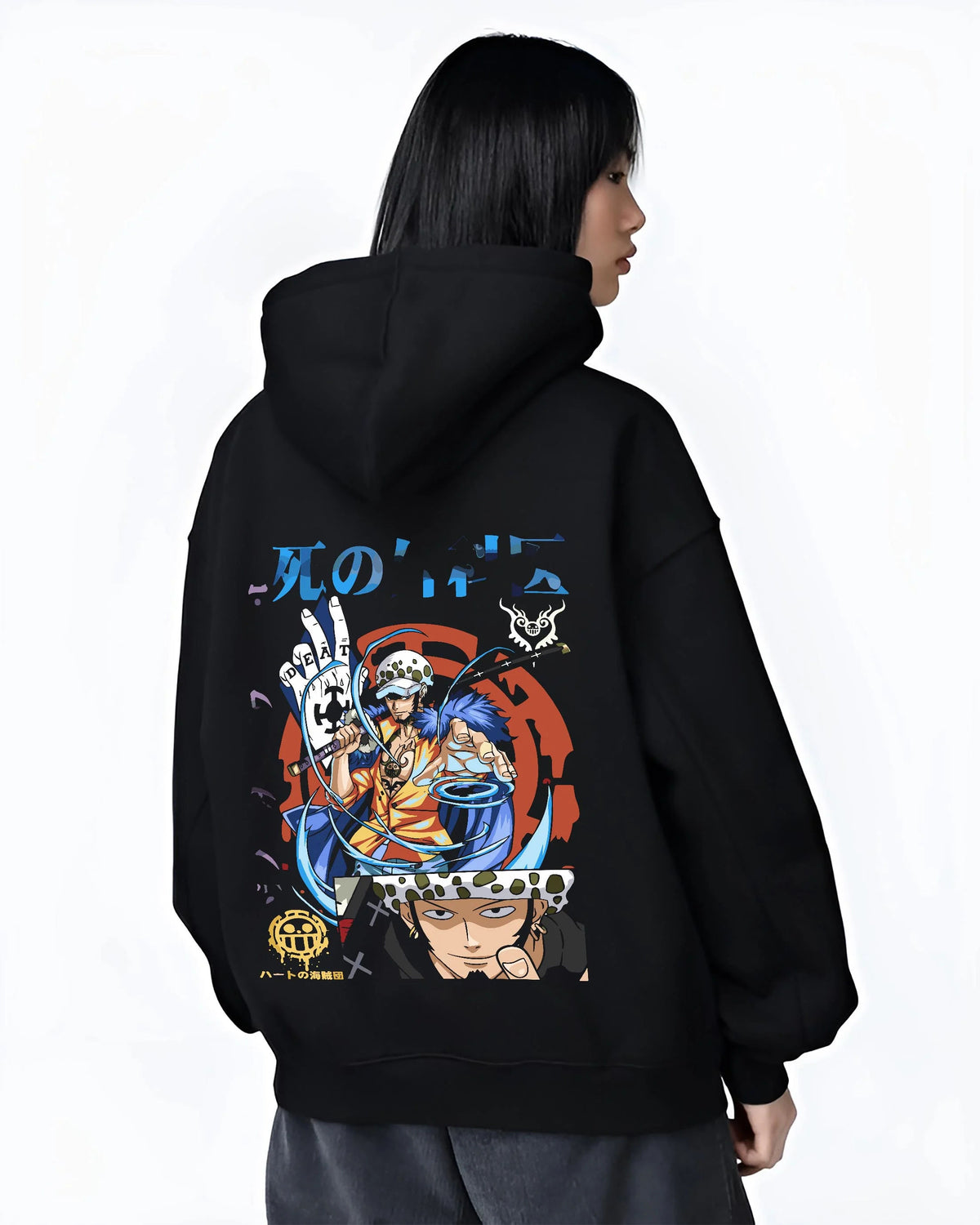 Black hoodie worn by female model from the back featuring Trafalgar Law Surgeon of Death ROOM power One Piece artwork.