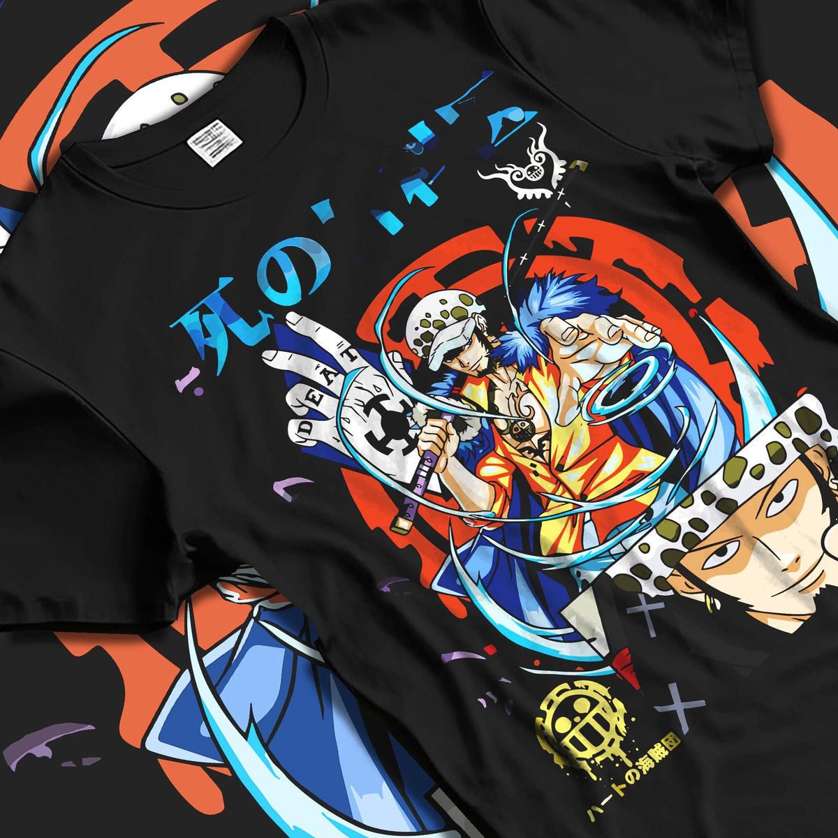 Black T-shirt laid flat with natural folds featuring Trafalgar Law Surgeon of Death ROOM power One Piece artwork.