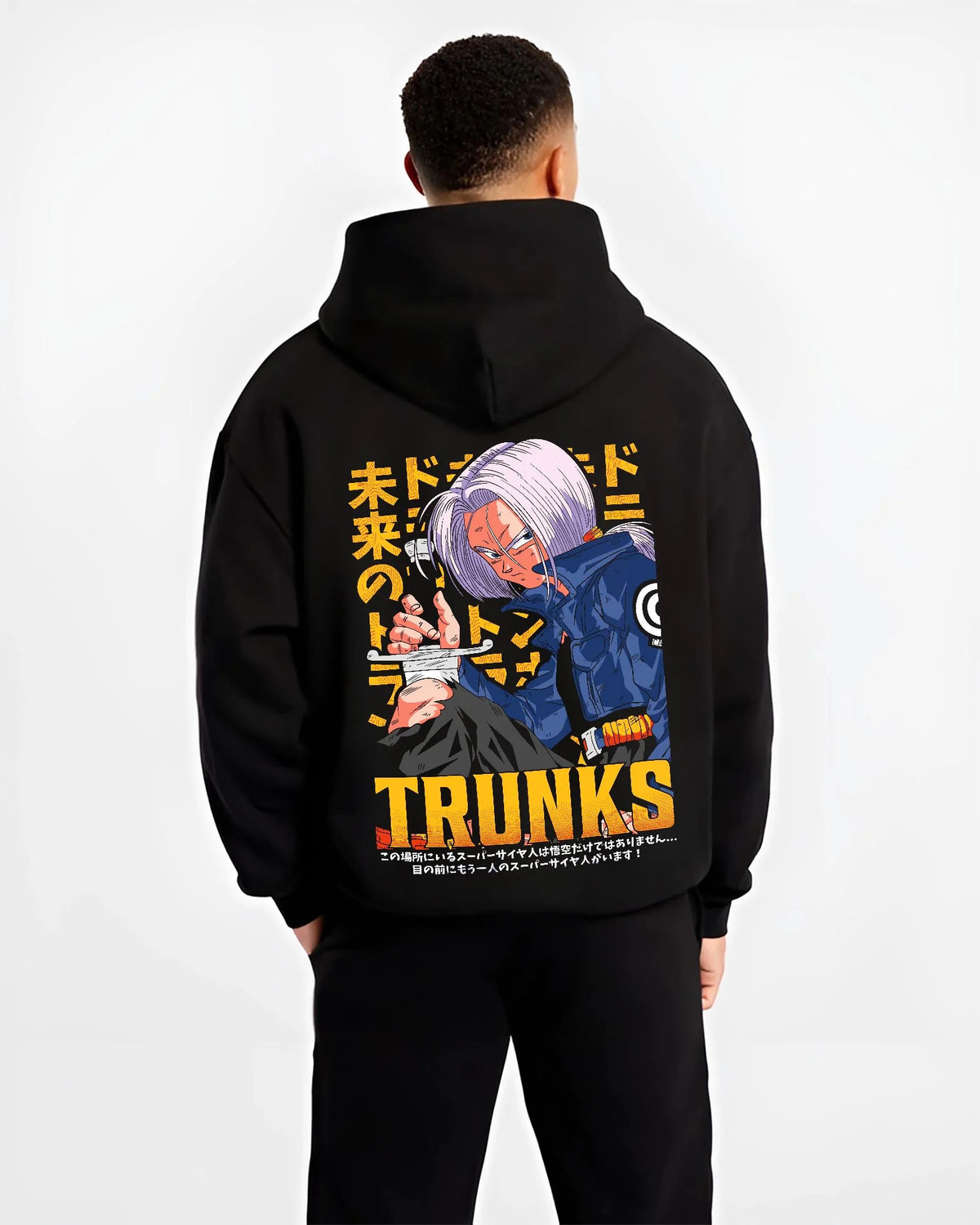 Black hoodie worn by male model from the back featuring Future Trunks blue hair sword Dragon Ball Super artwork.