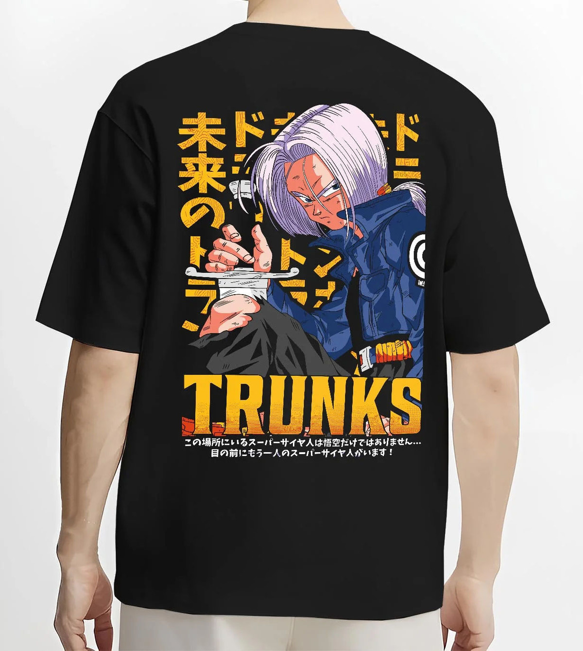 Black T-shirt worn by male model from the back featuring Future Trunks blue hair sword Dragon Ball Super artwork.