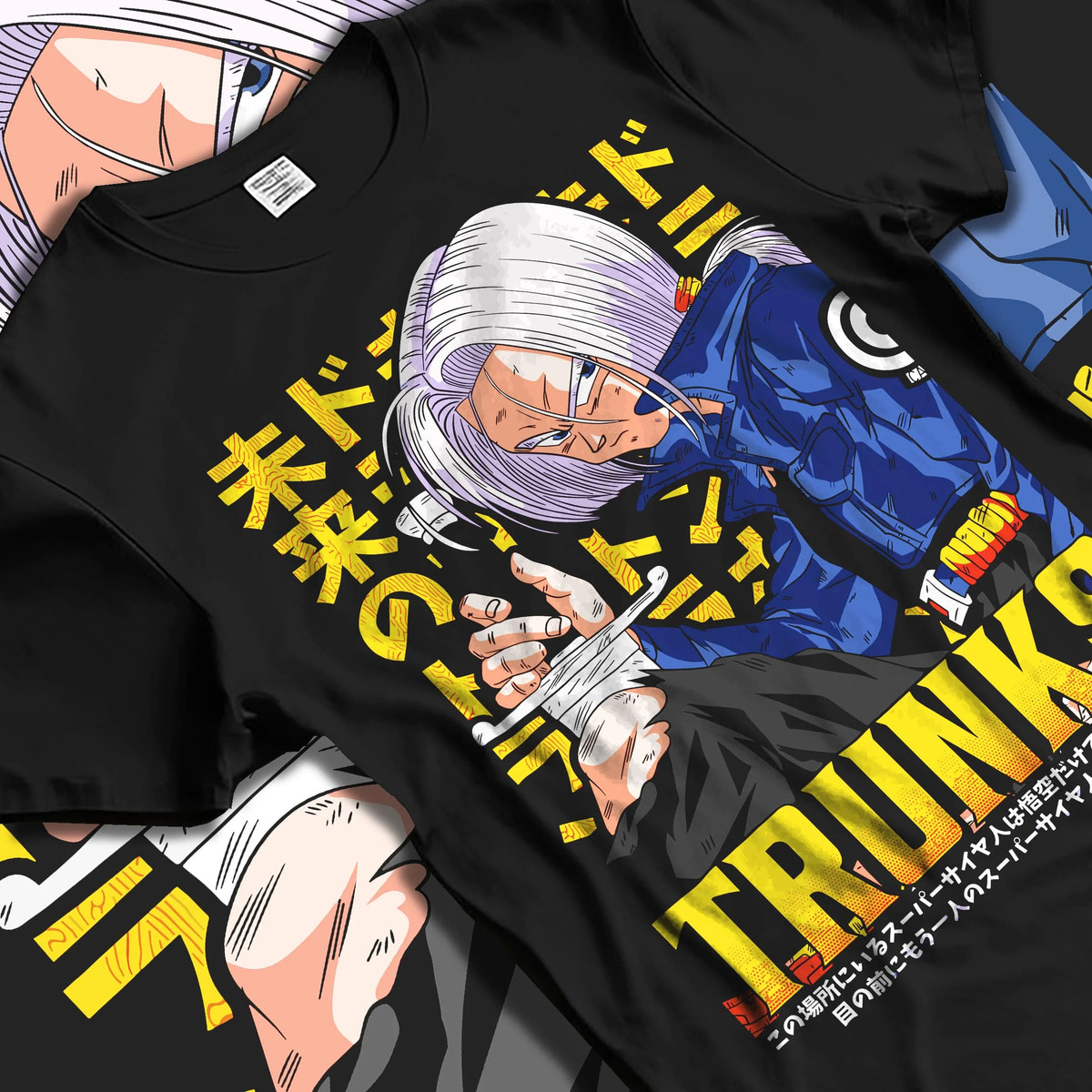 Black T-shirt laid flat with natural folds featuring Future Trunks blue hair sword Dragon Ball Super artwork.