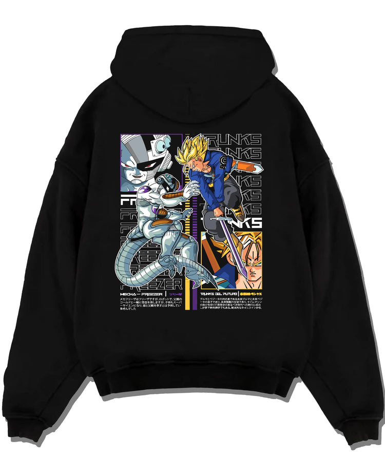 Black pullover hoodie laid flat with Trunks Frieza Hoodie Dragon Ball Z Saiyan Villain graphic streetwear graphic.