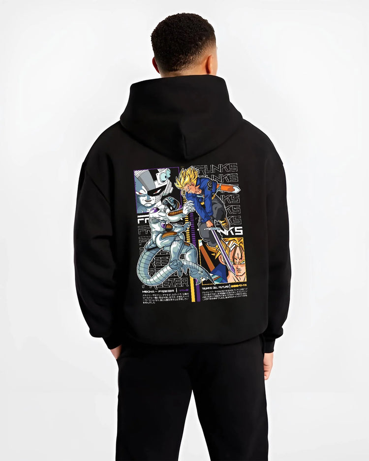 Black hoodie worn by male model, back view with Trunks Frieza Hoodie Dragon Ball Z Saiyan Villain graphic bold anime graphic.