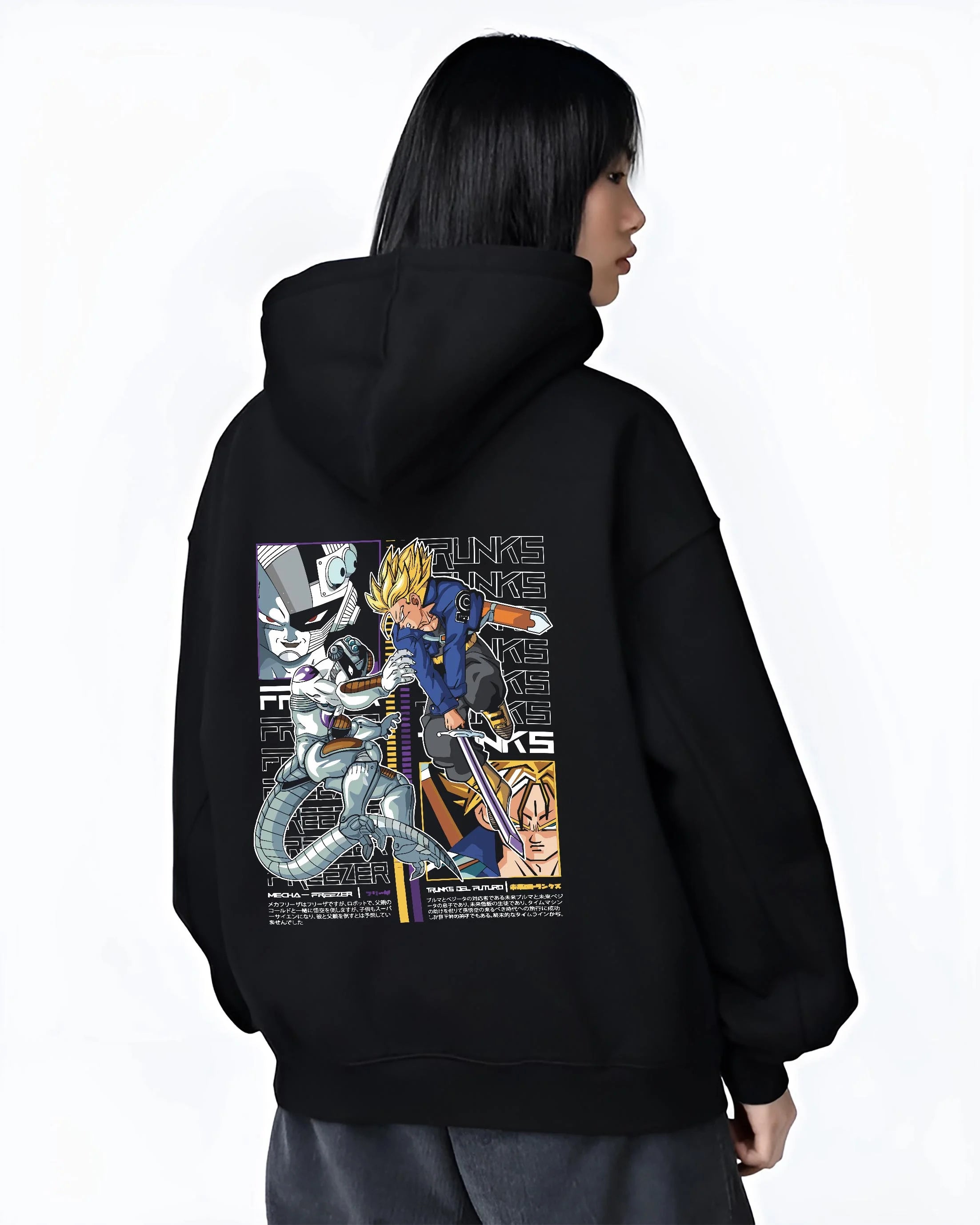 Black hoodie worn by female model, back view with Trunks Frieza Hoodie Dragon Ball Z Saiyan Villain graphic premium wear.