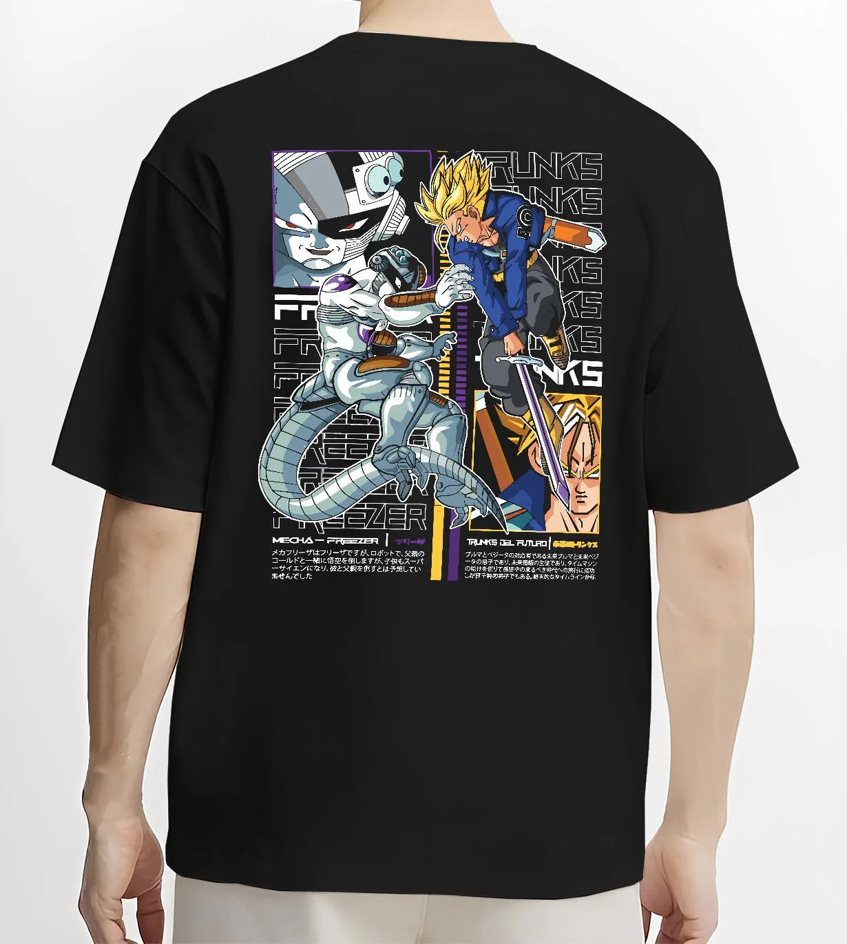 Black T-shirt worn by male model, back view with Trunks Frieza Hoodie Dragon Ball Z Saiyan Villain graphic premium wear.