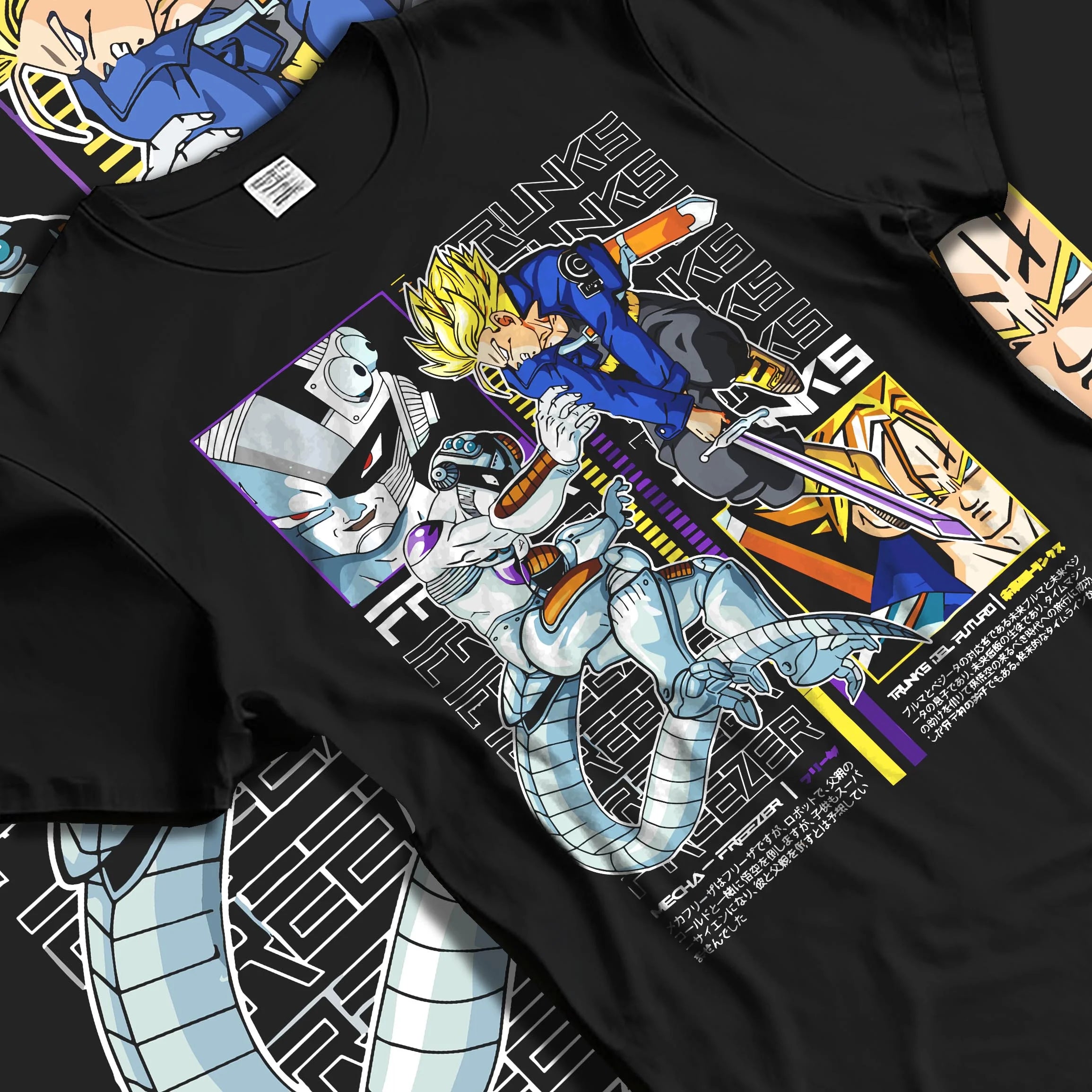 Black T-shirt laid flat with natural folds with Trunks Frieza Hoodie Dragon Ball Z Saiyan Villain graphic premium wear.