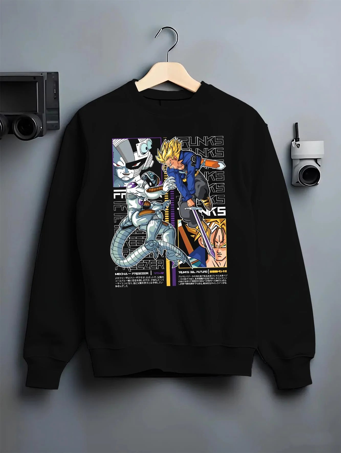 Black crewneck sweatshirt on hanger with Trunks Frieza Hoodie Dragon Ball Z Saiyan Villain graphic premium wear.