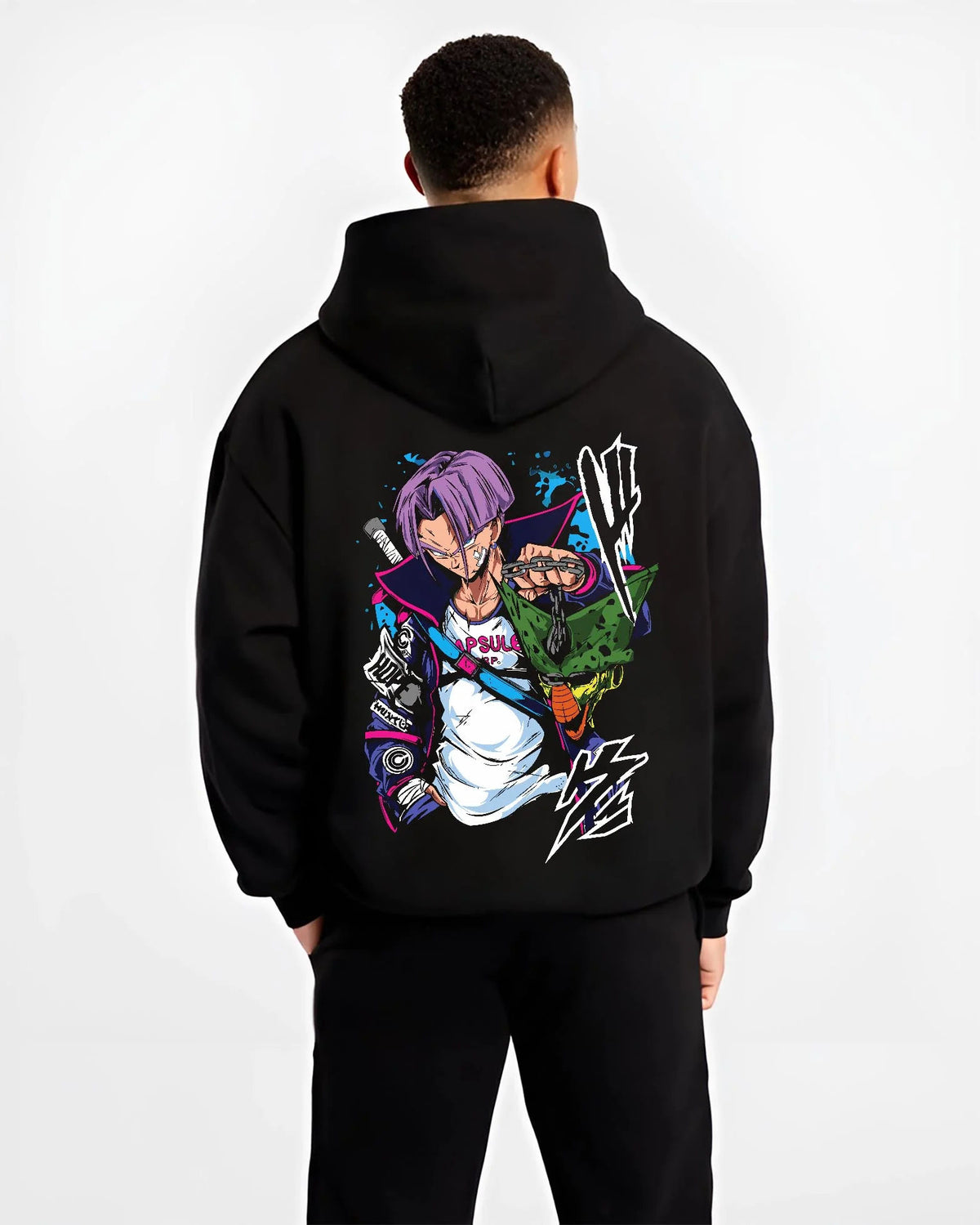 Black hoodie worn by male model from the back featuring Future Trunks purple hair sword battle Dragon Ball artwork.