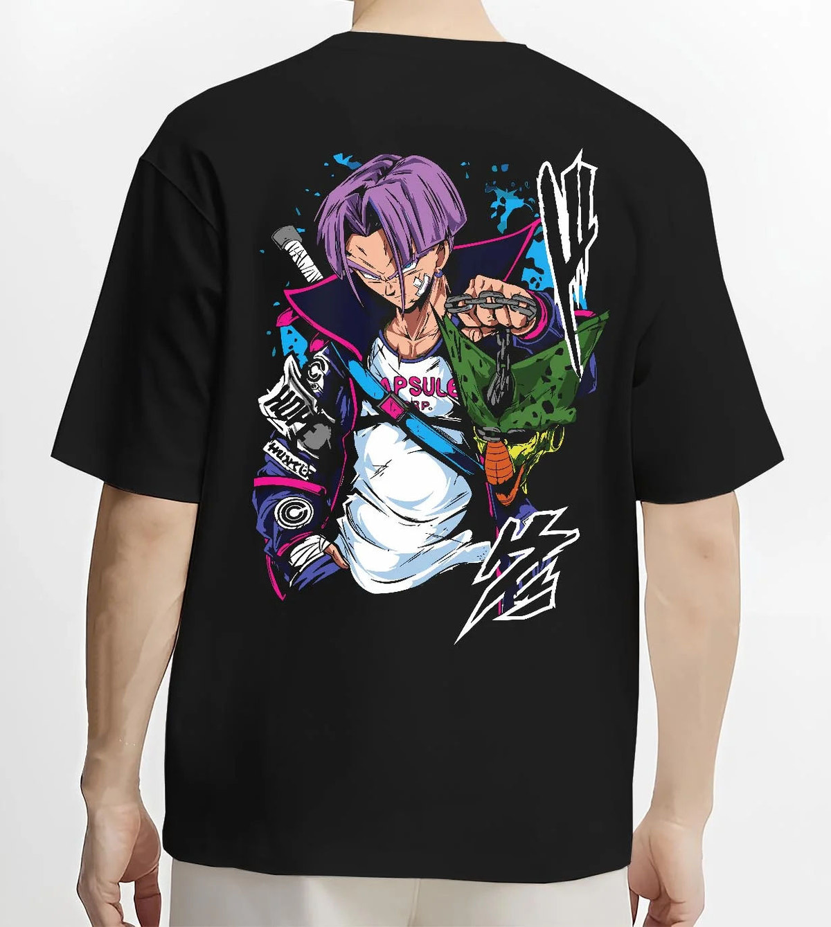Black T-shirt worn by male model from the back featuring Future Trunks purple hair sword battle Dragon Ball artwork.
